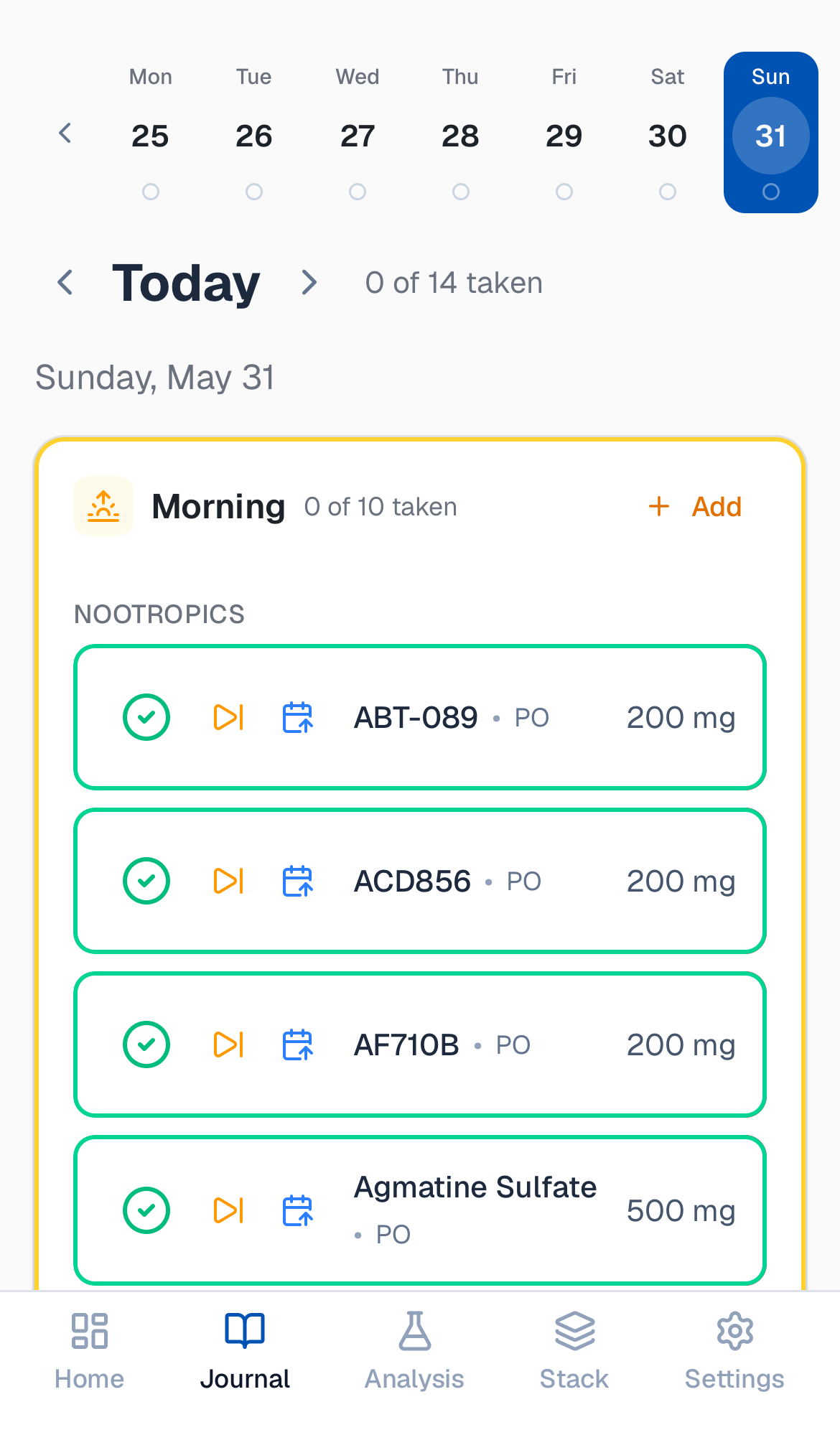 StackLog daily journal — logging doses by time slot on mobile