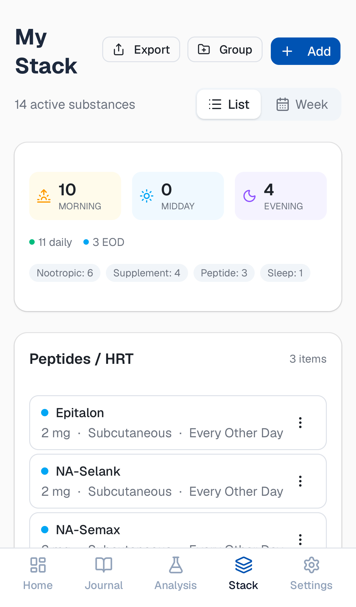 StackLog My Stack — substances grouped by category with doses and schedules